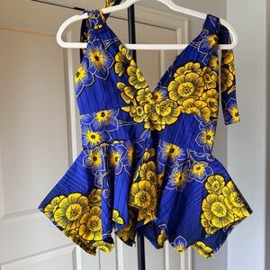 Abisai NWT Size 8 Blue Yellow Floral Peplum Top Tie Shoulder Anthropologie Style